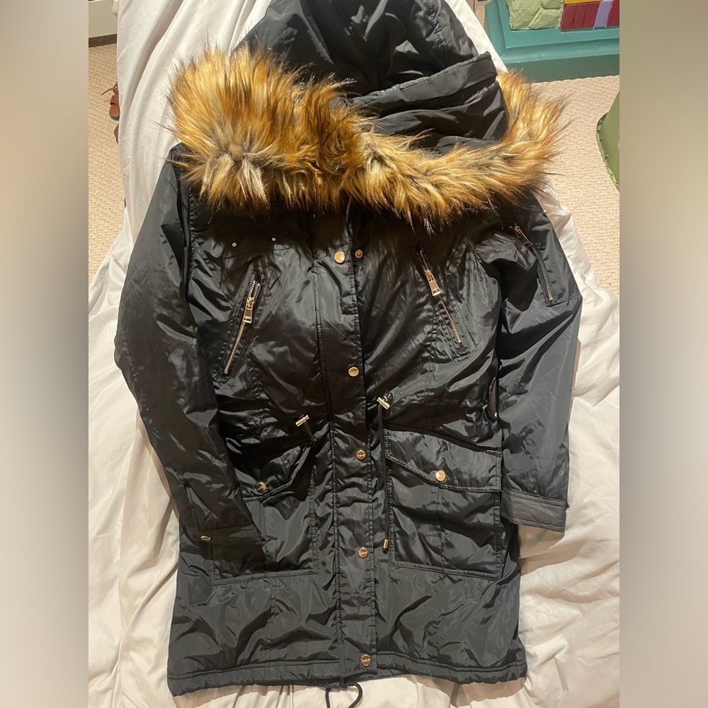 BEBE Black Coat w/ faux fur hood